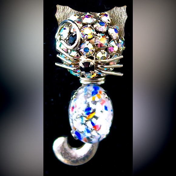 WARNER KITTY CAT BROACH MID CENTURY VINTAGE AURORA BOREALIS SPECKLED CABOCHON - Picture 3 of 8
